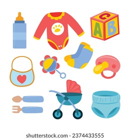 Set of Baby Newborn Element Objects with Baby Bottle, ABC Blocks, Stroller, Spoon, Fork, Toddler and Pacifier. Flat Style Icon Vector Illustration