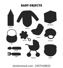 Set of Baby Newborn Element Objects Silhouette Style, labeled Baby Bottle, ABC Blocks, Stroller, Spoon, Fork, Toddler and Pacifier. Flat Style Icon Vector Illustration