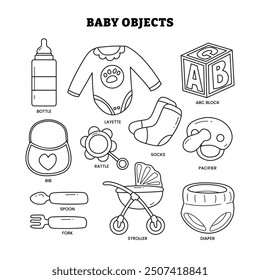 Set of Baby Newborn Element Objects Outline or Line Art Doodle Style, labeled Baby Bottle, ABC Blocks, Stroller, Spoon, Fork, Toddler and Pacifier. Flat Style Icon Vector Illustration