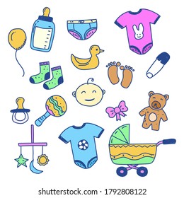 Set of baby newborn graphics element vector illustration draw in colorful doodle style isolated on white background 