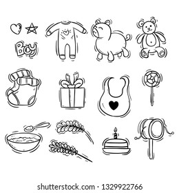 set of baby or newborn icons with doodle style