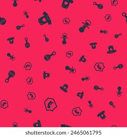Set Baby on shield, clothes, Rattle baby toy and dummy pacifier on seamless pattern. Vector