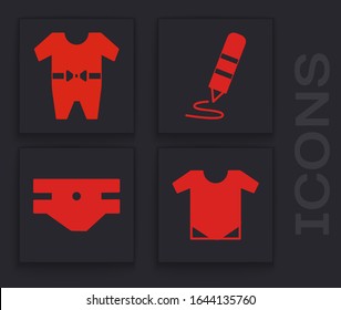 Set Baby onesie, Baby clothes, Wax crayon for drawing and Baby absorbent diaper icon. Vector