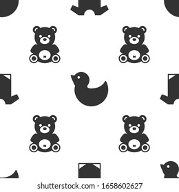 Set Baby onesie, Rubber duck and Teddy bear plush toy on seamless pattern. Vector