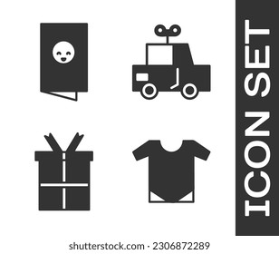 Set Baby onesie, Baby shower invitations card, poster, Gift box and Toy car icon. Vector