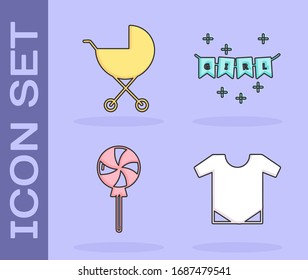 Set Baby onesie, Baby stroller, Lollipop and Carnival garland with flags icon. Vector