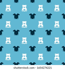 Set Baby onesie and Teddy bear plush toy on seamless pattern. Vector