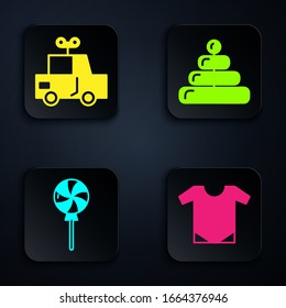 Set Baby onesie, Toy car, Lollipop and Pyramid toy. Black square button. Vector