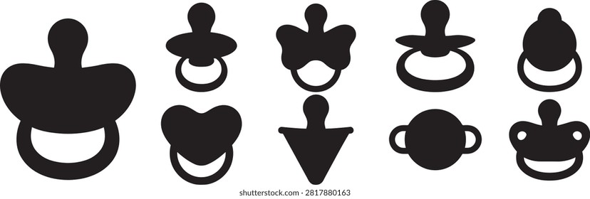 Set of baby pacifier icons in various shapes with pacifier silhouette collection graphics isolated childhood babyhood accessories soothing