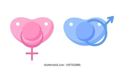 Set Of Baby Pacifiers With Gender Sign. Pink For Girl, Blue For Boy. Simple Flat Style