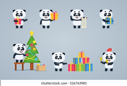 Set of baby panda characters showing different actions. Cute panda holding gift box, present, scroll, jingle bells, decorating Christmas tree, celebrating New Year. Flat vector illustration