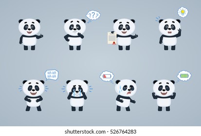 Set of baby panda characters showing different actions. Cute panda thinking, pointing up, laughing, crying, tired, full of energy, showing thumb up gesture, holding document. Flat vector illustration