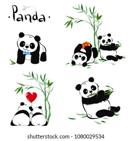 Set of baby pandas in different positions isolated on white