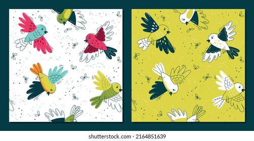 Ponga el patrón de bebé plano. Ponga el patrón de bebé con las aves. Fondo inmaculado para tela, textil, papel pintado, afiches, papel para envolver regalos, servilletas, manteles. Impresión para niños, niños. Patrón infantil