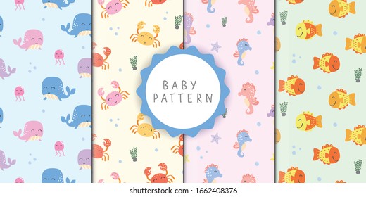 Conjunto de patrones de bebé con el concepto de animales marinos en el telón de fondo suave