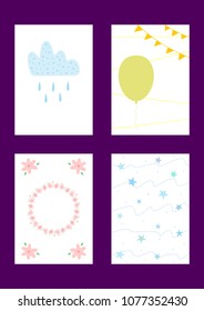 Set of baby patterns. Templates for design of children's cards, banners, posters, prints. Drawn by hand. Cute vector illustration. Pastel colors. Blue, pink, green, yellow, white.