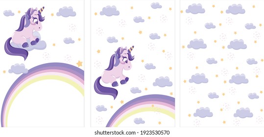 set of baby pictures with magic fairy unicorn, pony and rainbow with clouds