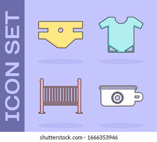 Set Baby potty, Baby absorbent diaper, Baby crib cradle bed and Baby onesie icon. Vector