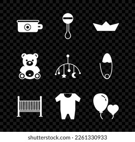 Set Baby potty, Rattle baby toy, Folded paper boat, crib cradle bed, clothes, Balloons in form of heart, Teddy bear plush and hanging toys icon. Vector