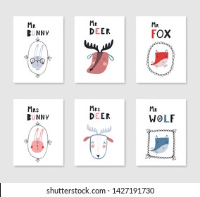 Set of baby print cards with animals. Hand drawn graphic for typography poster, card, label, flyer, banner, baby wear, nursery.  Scandinavian style. Pink, brown and blue. Vector illustration