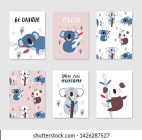 Set of baby print cards with Koala. Hand drawn graphic for typography poster, card, label, flyer, page, banner, baby wear, nursery.  Scandinavian style. Vector illustration