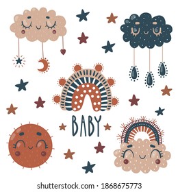 Set for baby print. Cute clouds, sun,rainbow. Letterng BABY. Vector illustration.