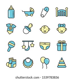 Set of baby related icon with filled line design. Cute baby tools vector illustration 