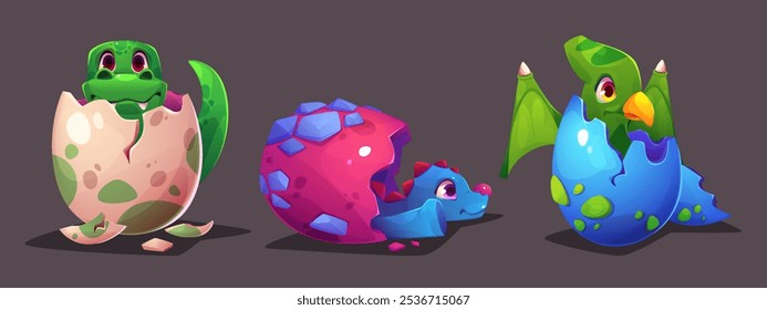 Set of baby reptiles hatching from eggs isolated on black background. Vector cartoon illustration of cute little dinosaur, dragon, pterodactyl in color eggshell, newborn prehistoric animal mascots