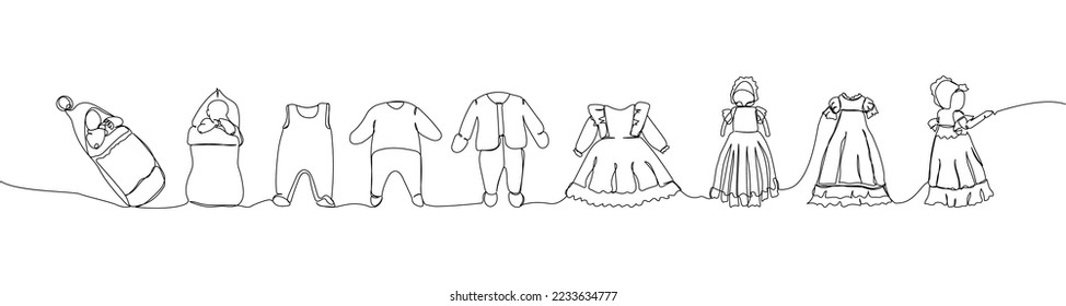 Set of baby rompers, children clothing, baby overalls, swaddling, dress, one line art. Continuous line drawing of clothes, dress, children s, wardrobe, dress up, neat, comfortable, home, baby.