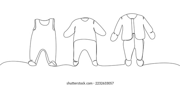 Set of baby rompers, children s clothing, overalls one line art. Continuous line drawing of clothes, dress, children s, wardrobe, dress up, neat, comfortable, home, baby.