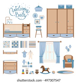 Coloque los elementos de la habitación para bebés. Interior de guardería y sala de juegos. Ilustración vectorial.