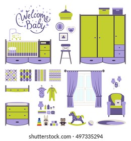 Set baby room elements. Nursery and playroom interior. Vector illustration.