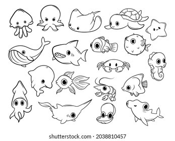 Set of baby sea animals. Collection of cartoon ocean creature jellyfish, small horse, octopus, fish, shark. Vector illustration isolated on white background. Design for printing.