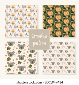 Set of baby seamless patterns. Cartoon animal. Jungle character. Seamless background pattern set. Vector illustration Hand drawn style.