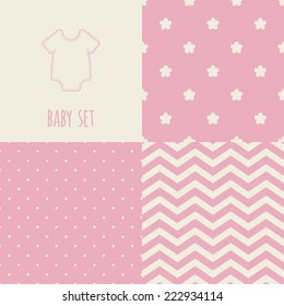 Set of baby seamless patterns. Illustration of baby rompers. Pink, cream colors. For cards, scrapbooks, invitations, printing on fabric etc.