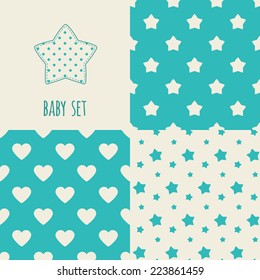Set of baby seamless patterns. Illustration of  polka dot star. Blue, cream colors. For cards, scrapbooks, invitations, printing on fabric etc.