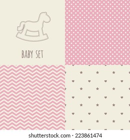 Set of baby seamless patterns. Illustration of rocking horse. Pink, chocolate, cream colors. For cards, scrapbooks, invitations, printing on fabric etc.