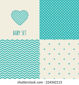 Set of baby seamless patterns. Illustration of heart. Blue, cream colors. For cards, scrapbooks, invitations, printing on fabric etc.