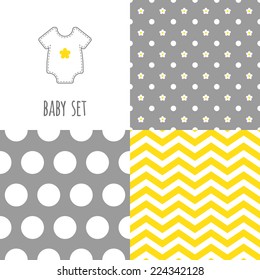 Set of baby seamless patterns. Illustration of baby rompers. Yellow, gray, white colors. For cards, scrapbooks, invitations, printing on fabric etc.