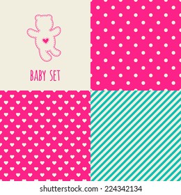 Set of baby seamless patterns. Illustration of teddy bear. Bright pink, azure, cream colors. For cards, scrapbooks, invitations, printing on fabric etc.