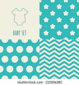 Set of baby seamless patterns. Illustration of baby rompers. Blue, cream colors. For cards, scrapbooks, invitations, printing on fabric etc.