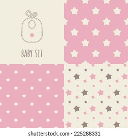 Set of baby seamless patterns. Illustration of bib. Pink, chocolate, cream colors. For cards, scrapbooks, invitations, printing on fabric etc.
