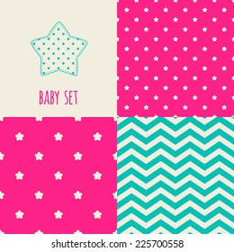 Set of baby seamless patterns. Illustration of star. Bright pink, azure, cream colors. For cards, scrapbooks, invitations, printing on fabric etc.