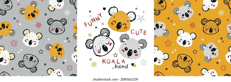 Set of Baby Seamless Patterns and Poster with Cute Koala Bears. Childish Background with Little Koala Bear Heads. Vector Funny Animal Face Drawing for Tee Print for Kids. Yellow, Gray, White Color