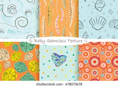 Set of baby seamless texture in orange and  light blue colors. Six cute seamless textures with waves, hearts, flowers, seashells, feathers, leaves, spirals and abstract elements