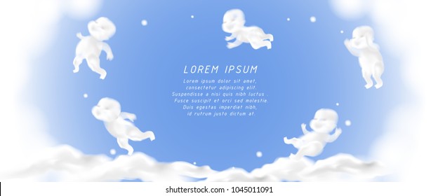 set of baby shape cloud form in actions on blue sky background,cute cartoon vector illustration,gradient mesh style for presentation or website cover