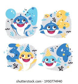 Set of Baby Shark Birthday cute vector marine colorful illustrations with number one, two, three, four, fish, wave, algae, star, bubble for boy