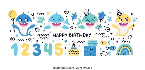 Set von Baby Shark Geburtstag süße Vektorgrafik marinen bunten Illustrationen mit Nummer eins, zwei, drei, vier, fünf, Fisch, Welle, Algen, Stern, Blase, Regenbogen, Geschenk, Kuchen für Jungen