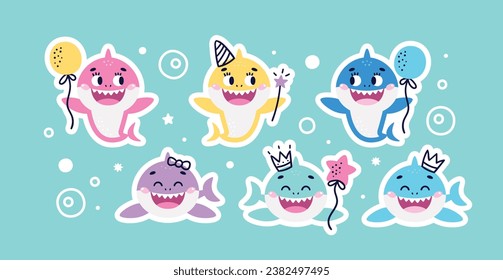 Set of Baby Shark Birthday cute vector marine colorful stickers. Ideal for kids cards, prints, anniversary, invitation