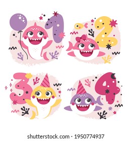 Set Of Baby Shark Birthday Illustrations